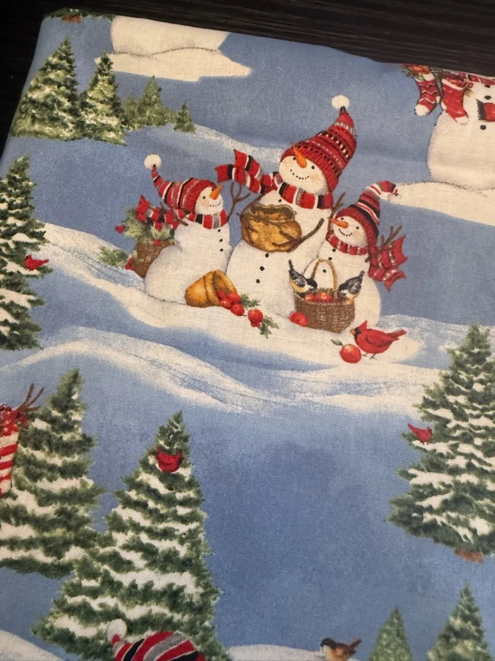 Christmas Holiday Fabric Crafting DIY Snowman Scene Cartoon Cotton Fabric Blue